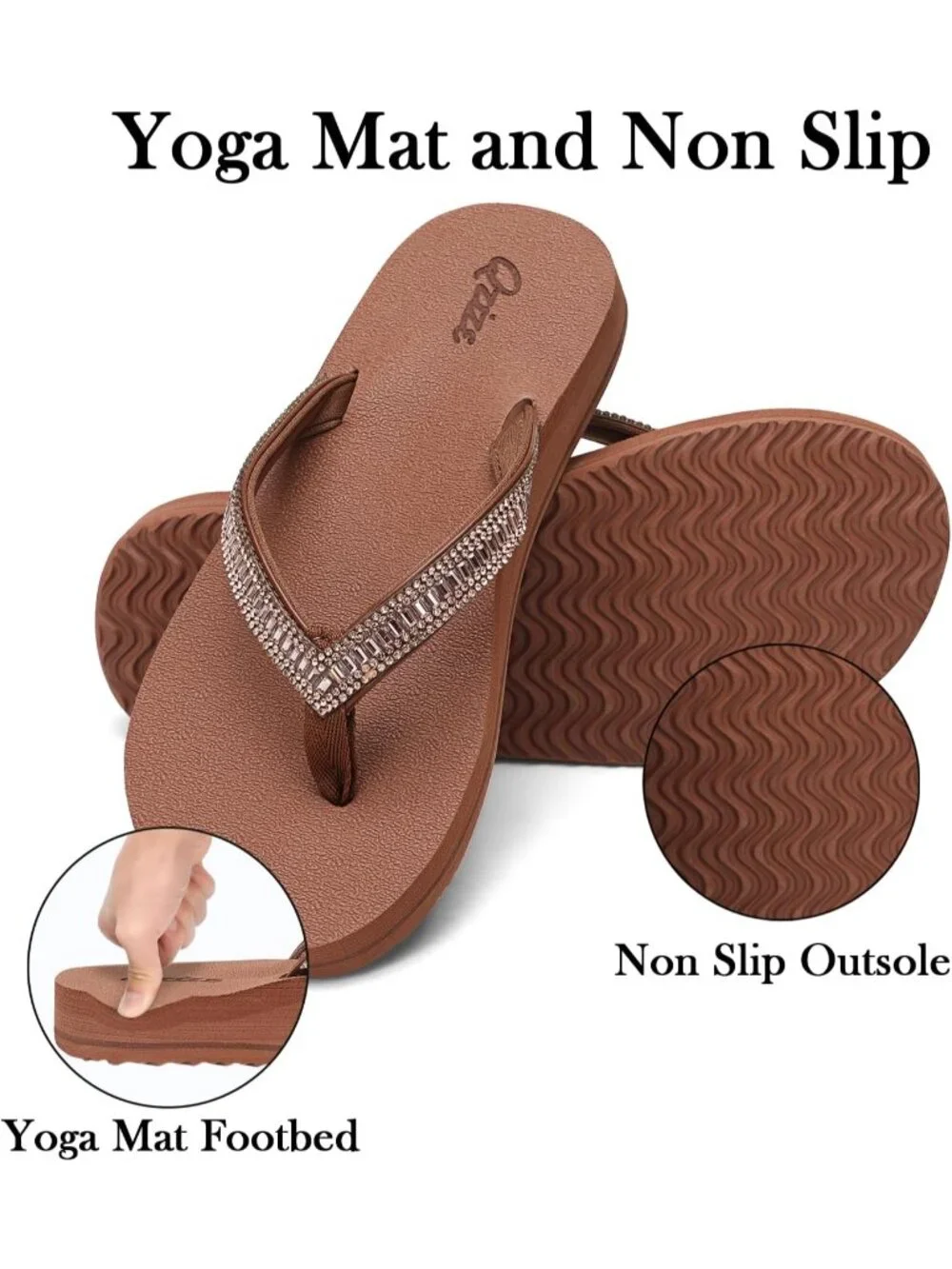 Women's Black Brown Summer Comfortable Flip Flops with Rhinestone Thong Sandals